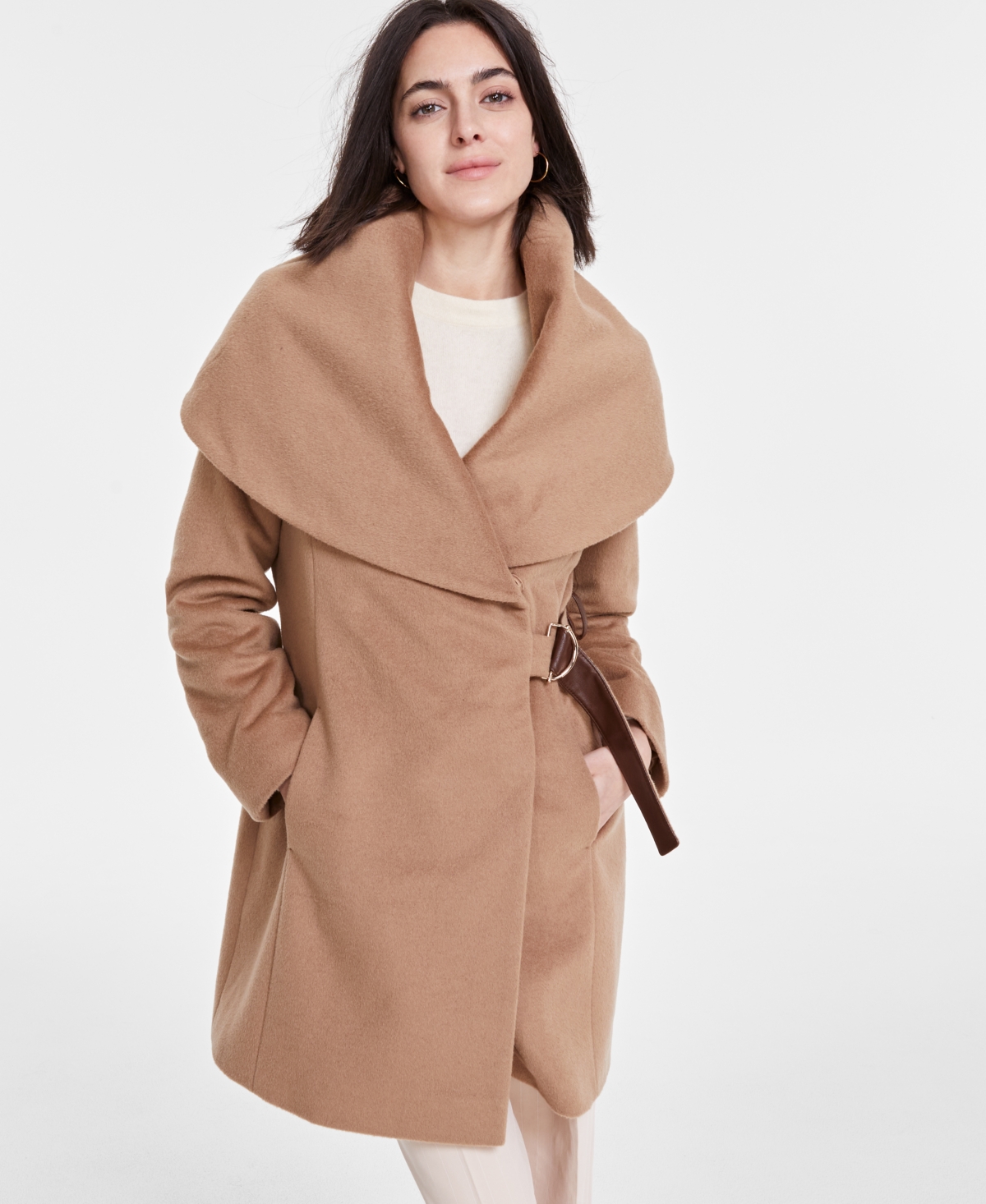 Women's Belted Hooded Shawl Wrap Coat - Camel
