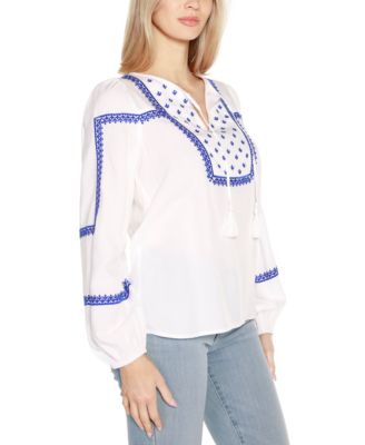 Black Label Embroidered Blouson Tie Neck Top