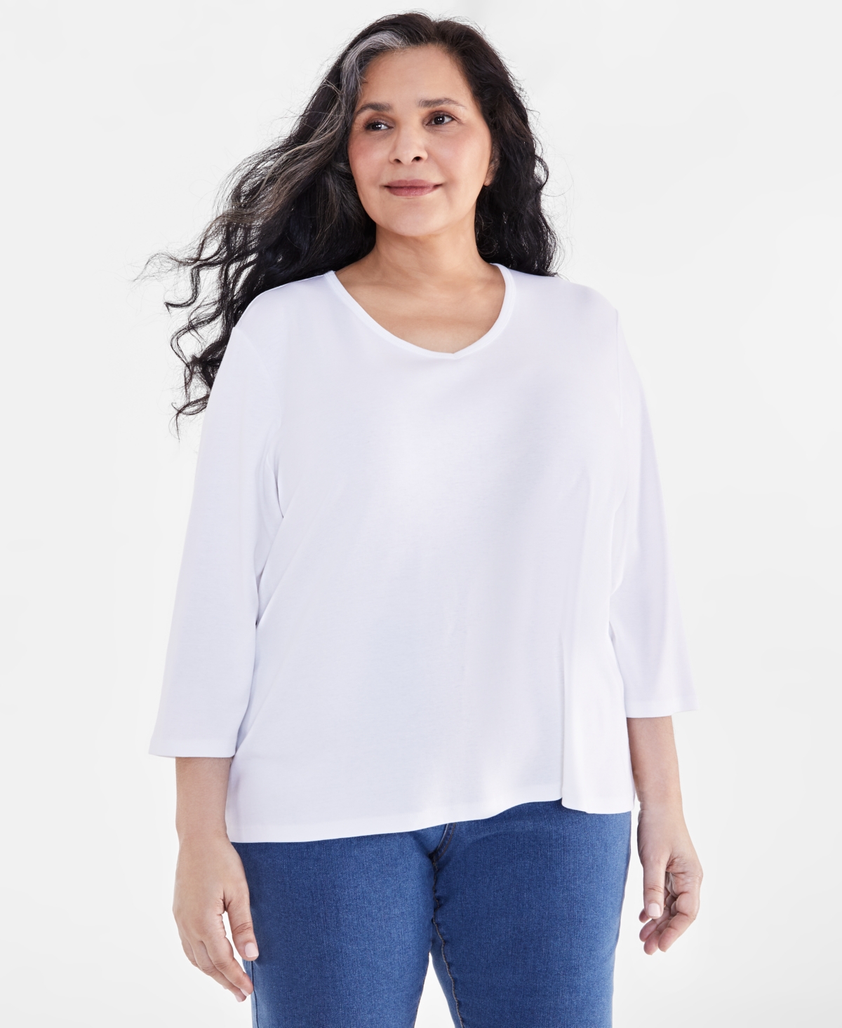 Macy's Plus Size Cotton V-neck 3/4-sleeve Top, Created For  In Bright White