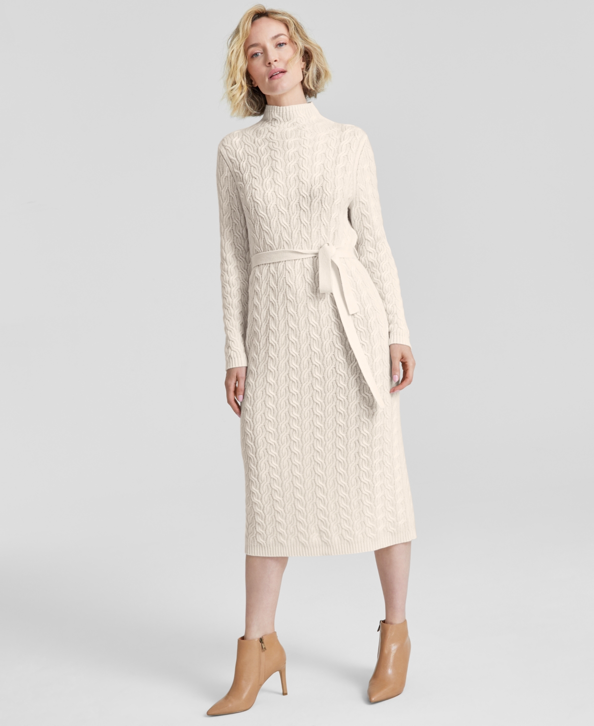 Charter Club Women's Cashmere Cable-Knit Mock Neck Midi Dress, Created for Macy's