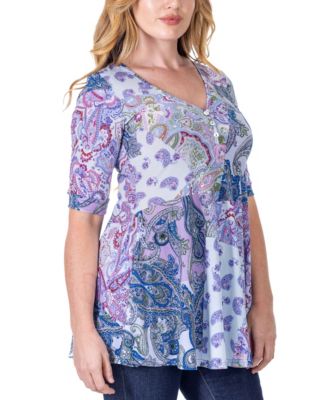 Print Elbow Sleeve V Neck Henley Tunic Top