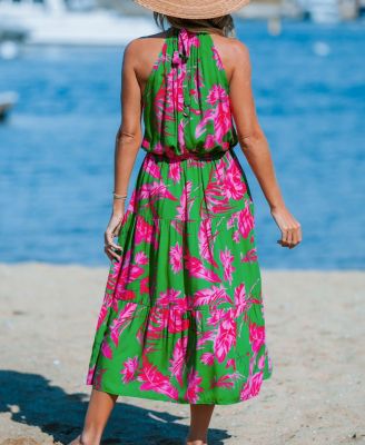GGUHHU Women's Floral Print Layered Maxi Dress - Short Sleeve, Pleated, Cotton/Linen Blend, Green, Medium - View #7