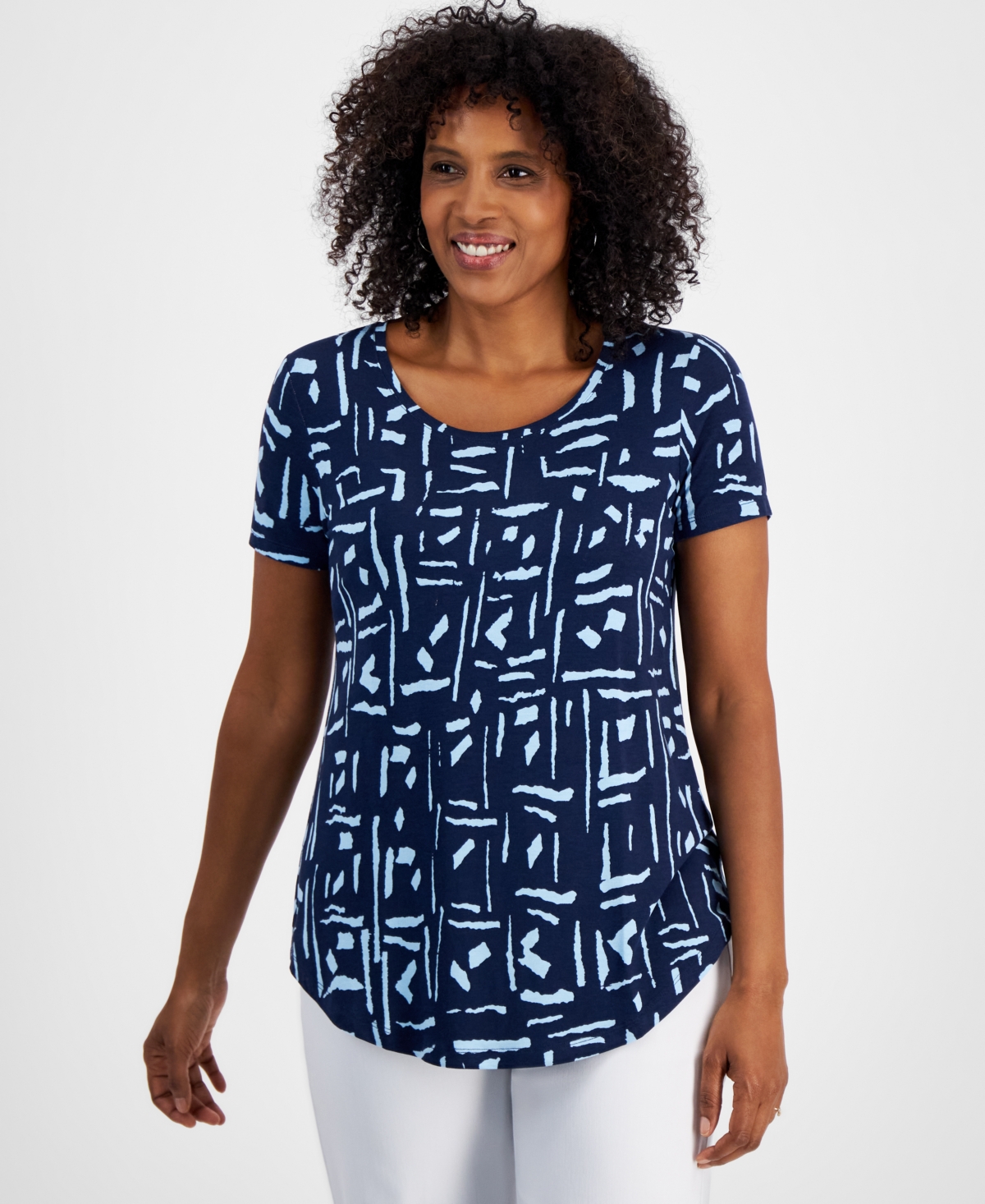 JM COLLECTION WOMEN'S PRINTED SHORT SLEEVE SCOOP-NECK TOP, CREATED FOR MACY'S 