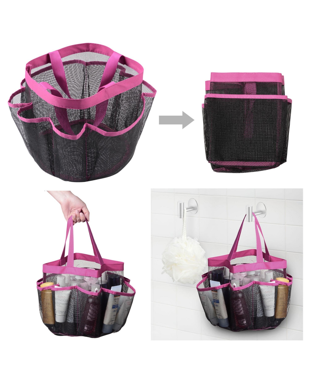 Yescom Portable Mesh Shower Caddy Tote 8 Pockets Bathroom Carry Bag Pink/Black Opt