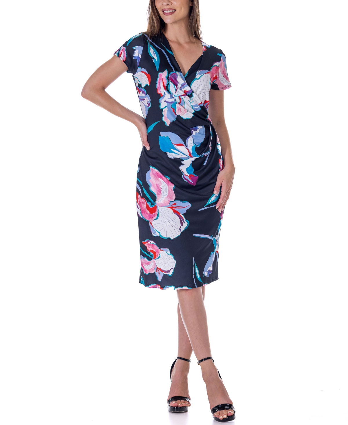 Print Knee Length Short Sleeve Faux Wrap Dress - Miscellane