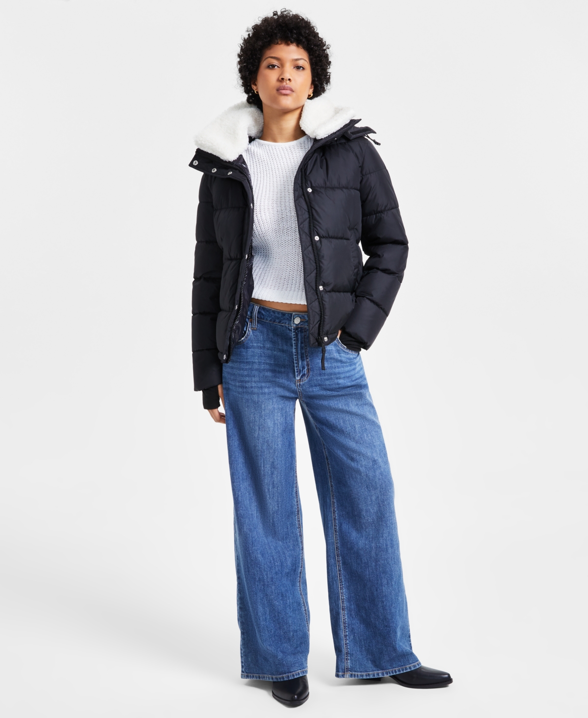 Women's Ella Faux-Sherpa-Collar Hooded Puffer Coat - Black/White