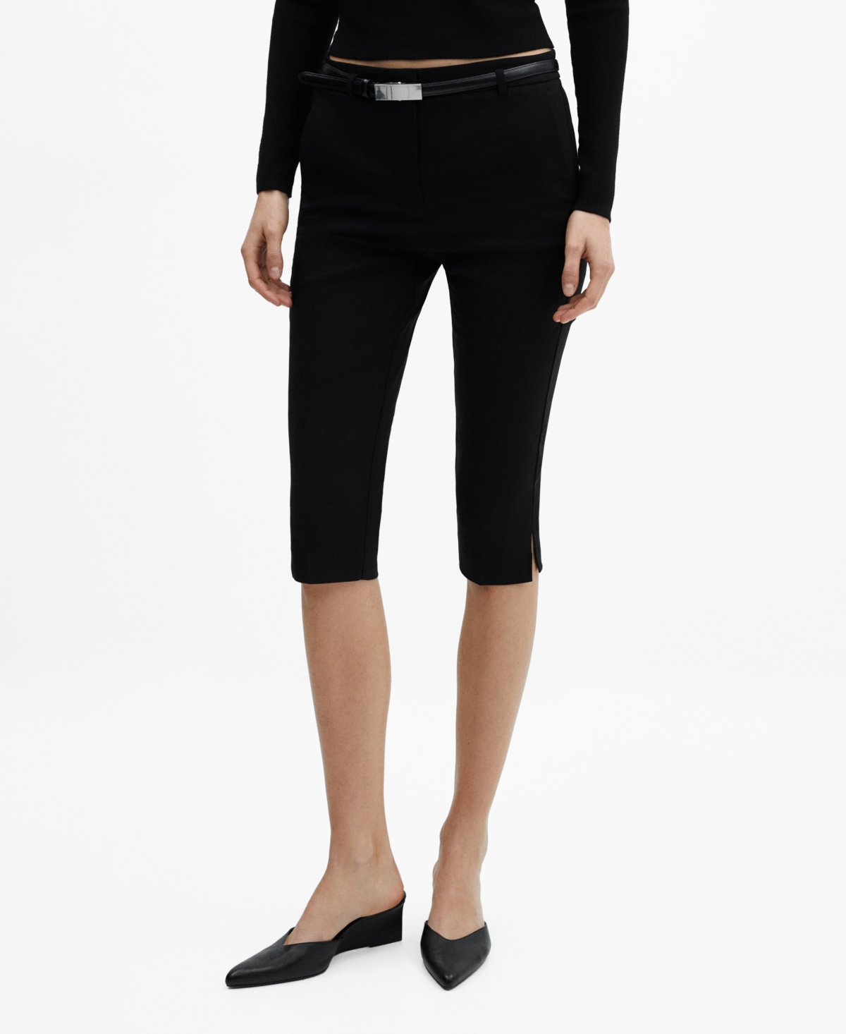 Women's Belted Capri Trousers - Black