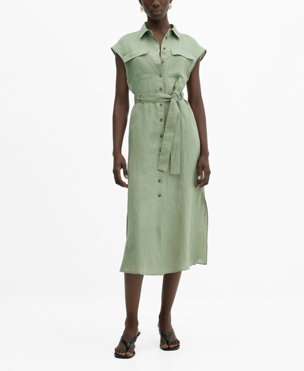 Shop Mango Women's 100% Linen Shirty Dress In Green