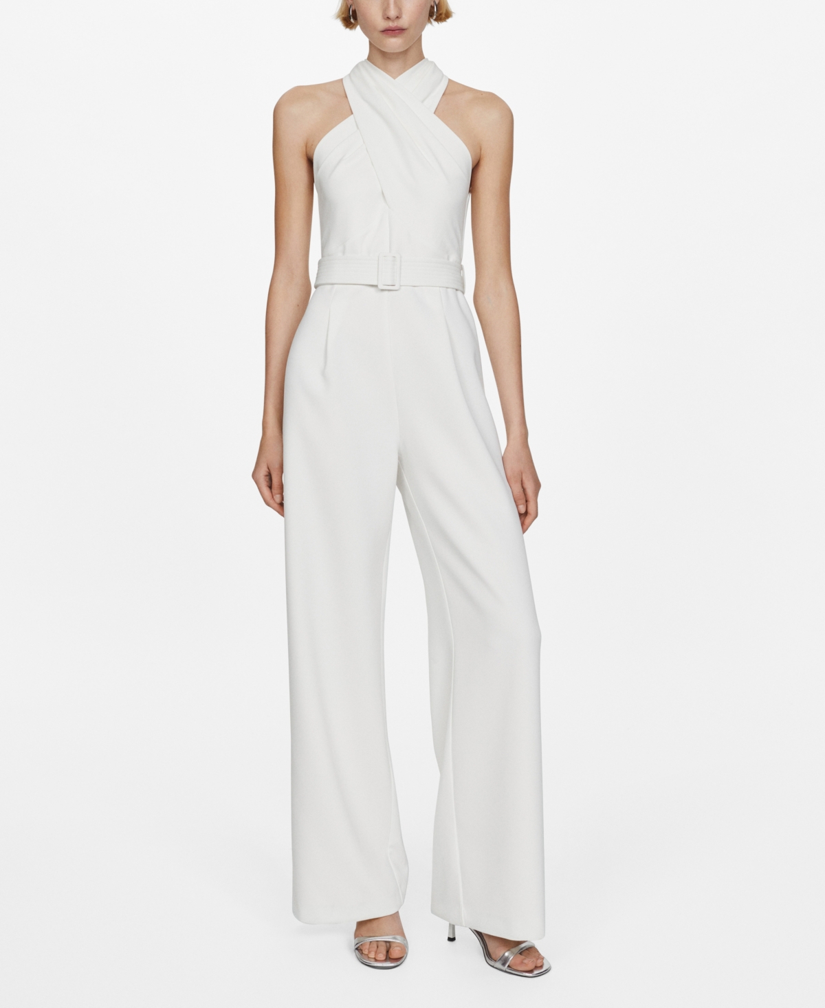 Mango Women's Belted Crossover Collar Jumpsuit In Natural White
