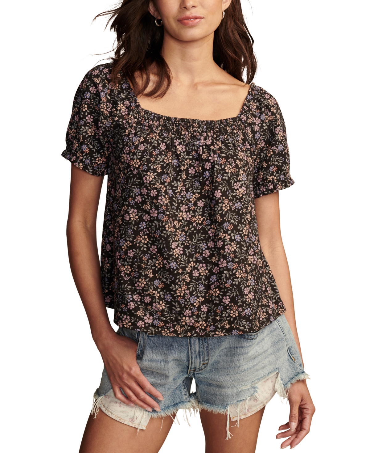 Women's Cotton Printed Short-Sleeve Top - Cream Floral