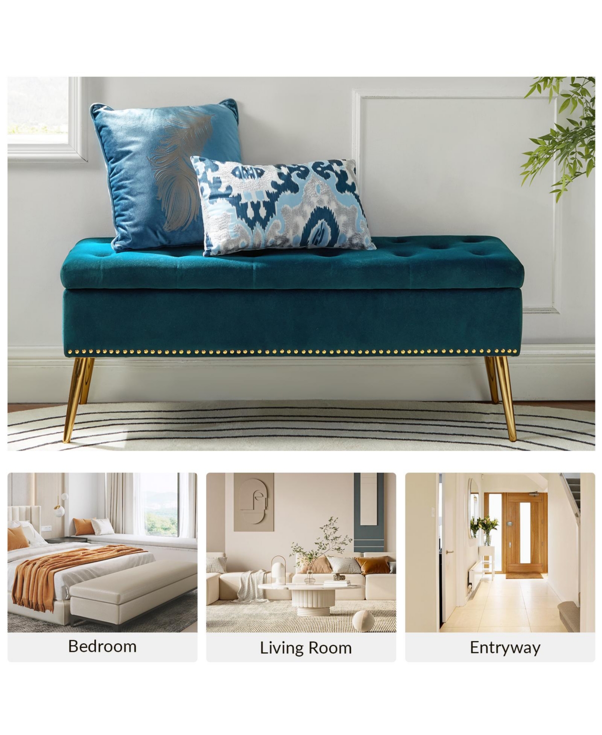 Modern Velvet Storage Ottoman Bench for Living Room Dining Room