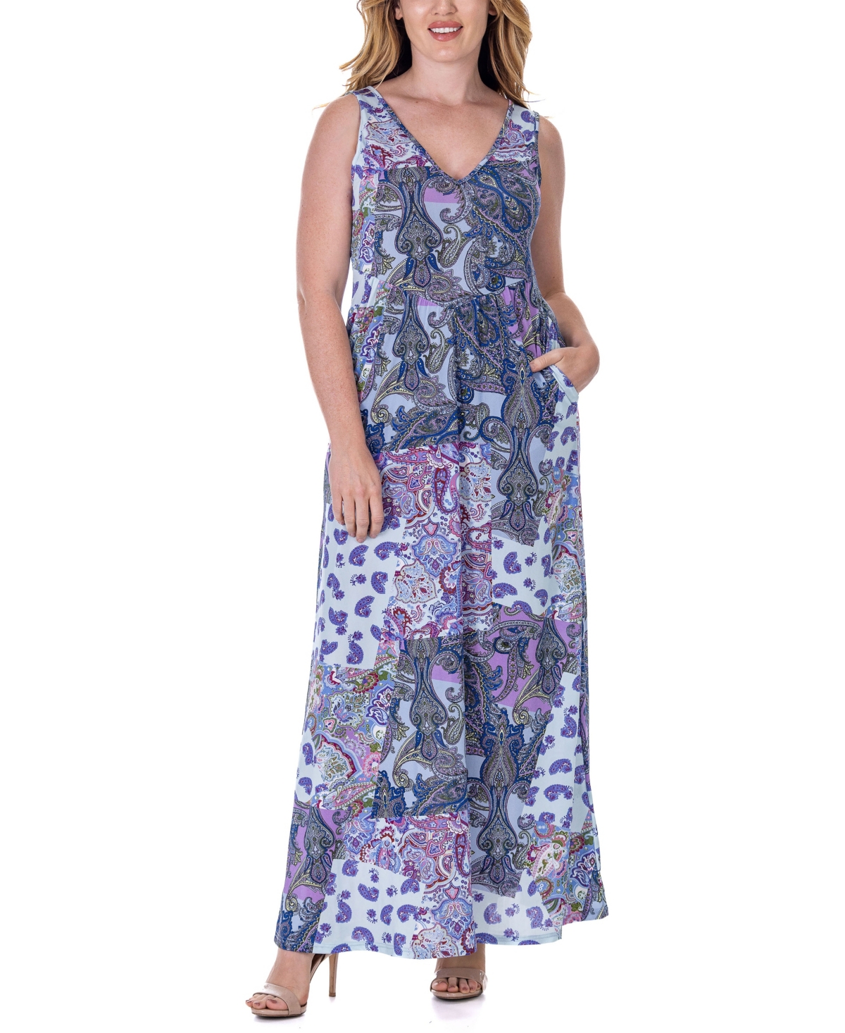 24seven Comfort Apparel Print Sleeveless V Neck Maxi Pocket Dress In Purple