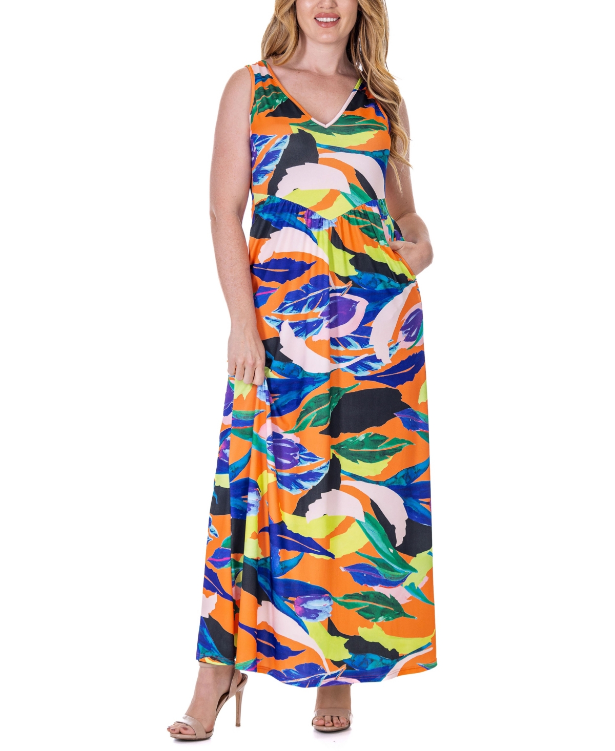 Shop 24seven Comfort Apparel Print Sleeveless V Neck Maxi Pocket Dress In Miscellane