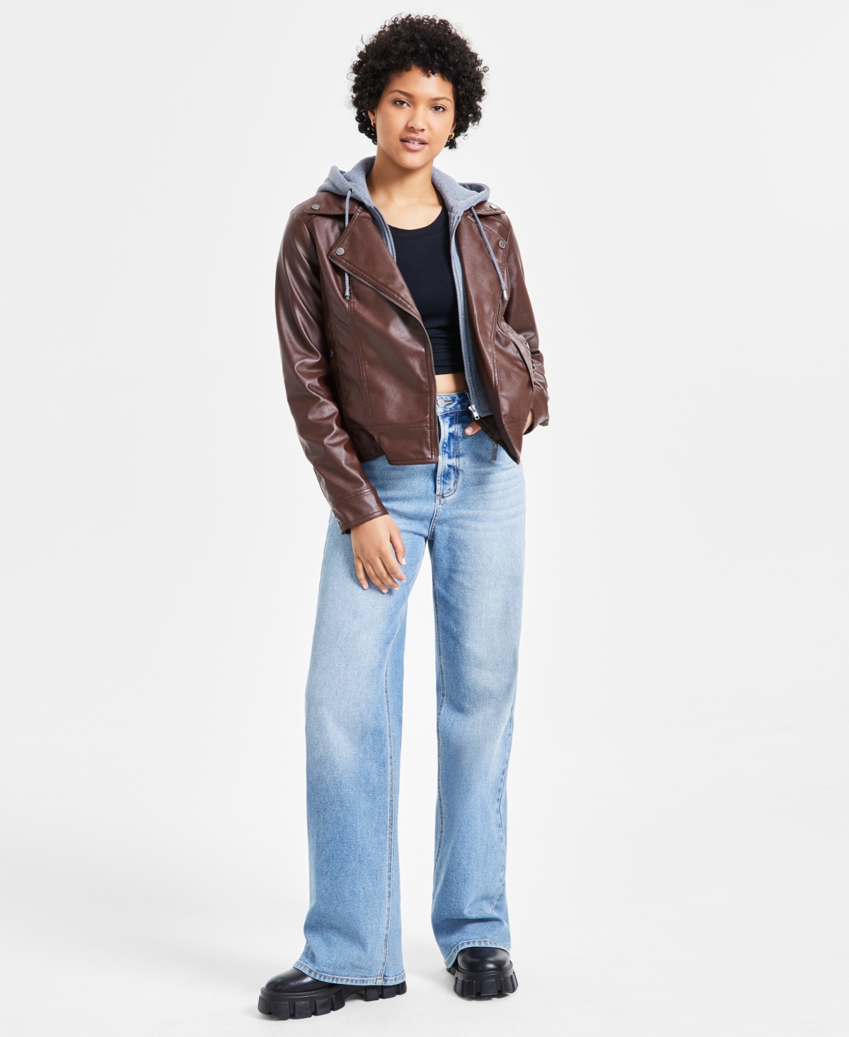 Juniors Hooded Faux leather Moto Jacket Created For Macy s In Brown