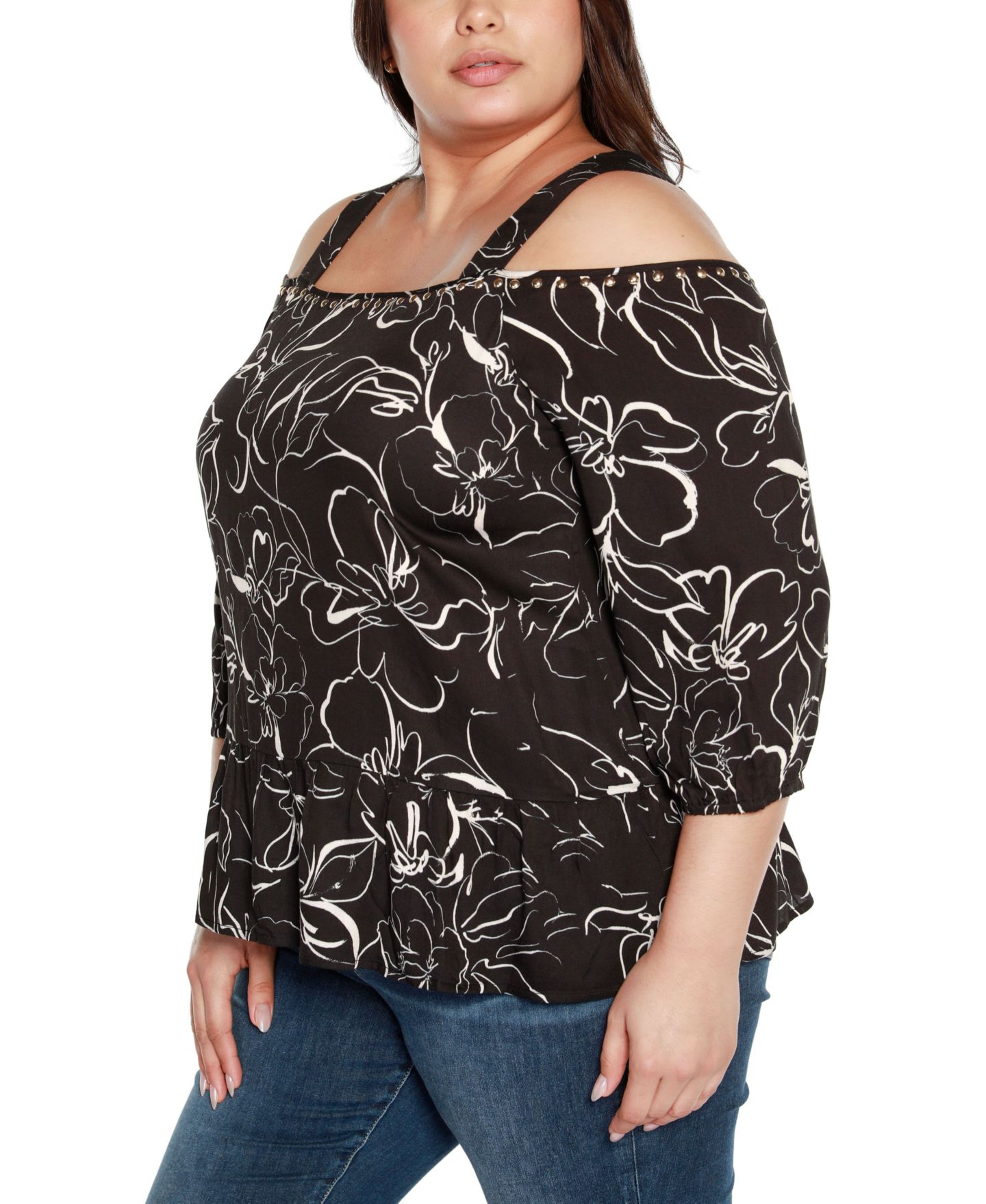 Женский топ Belldini Black Label Plus Size Embellished Cold Shoulder, цвет: Чёрный — фото 3