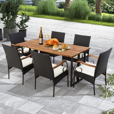 Set of 4 Outdoor PE Wicker Chairs with Acacia Wood Armrests