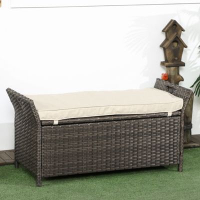 29 Gallon Outdoor Patio Wicker Storage Bench w/ Cushion