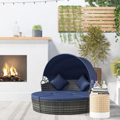 Rat Daybed Patio Furniture Set w/ Adjustable Canopy, Dark