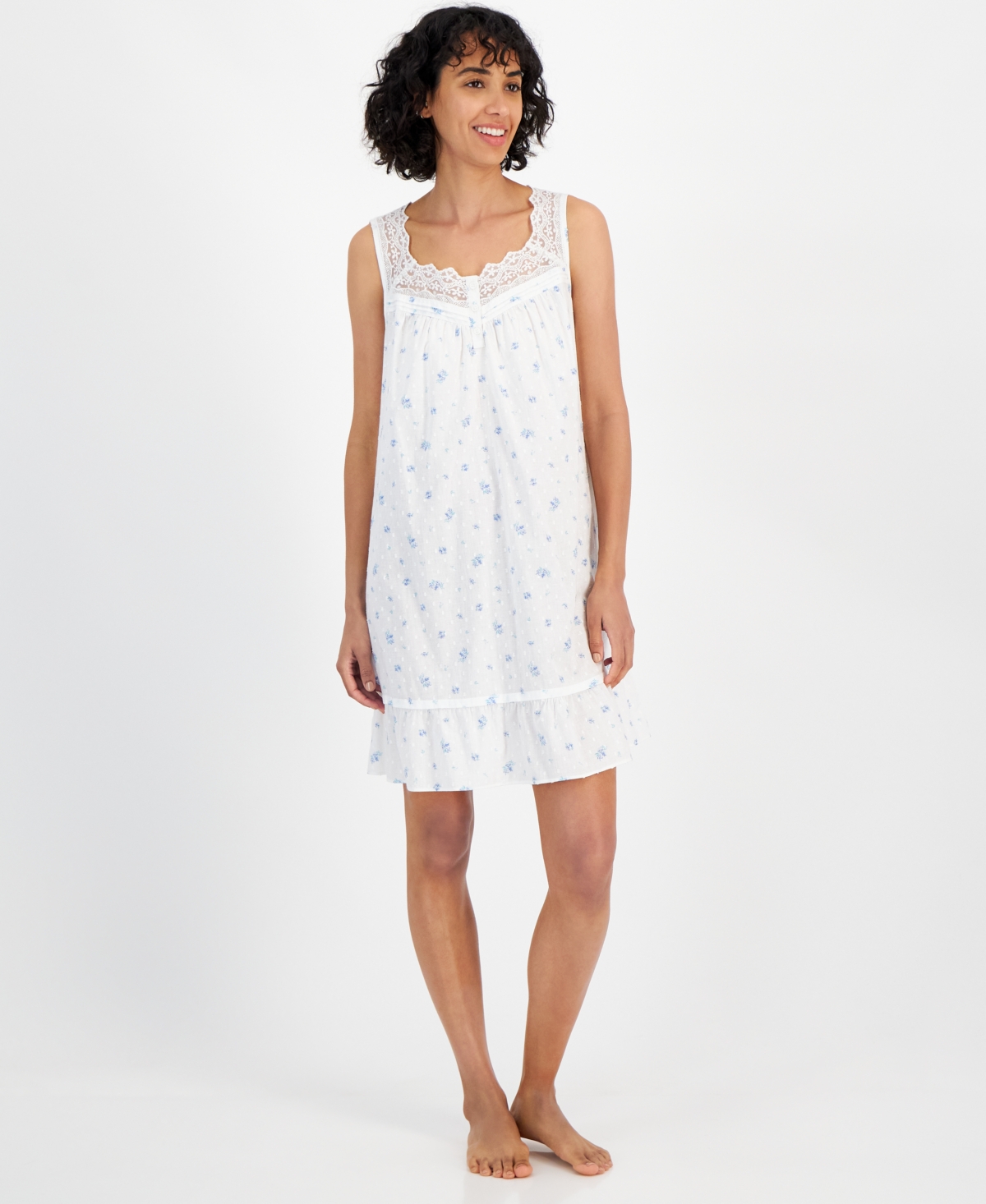 Women's Cotton Floral Lace-Trim Chemise, Created for Macy's - Blossom Delft