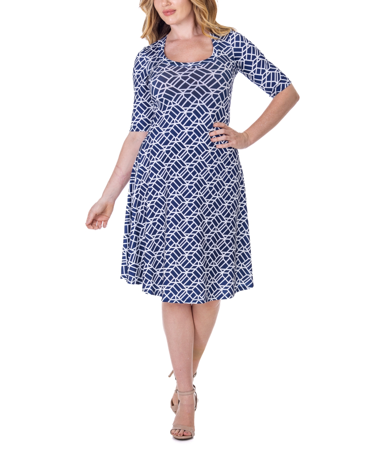 24seven Comfort Apparel Print Knee Length Elbow Sleeve Dress In Blue