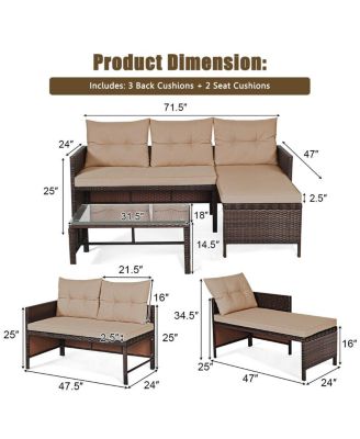 3 Pieces Outdoor Patio Corner Rattan Sofa Set