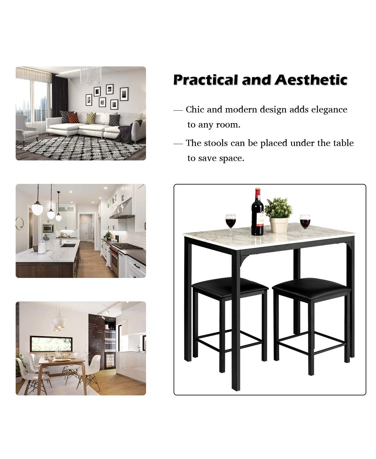 Sugift 3 Pieces Dining Table Set with Faux Marble Tabletop and 2 Chairs