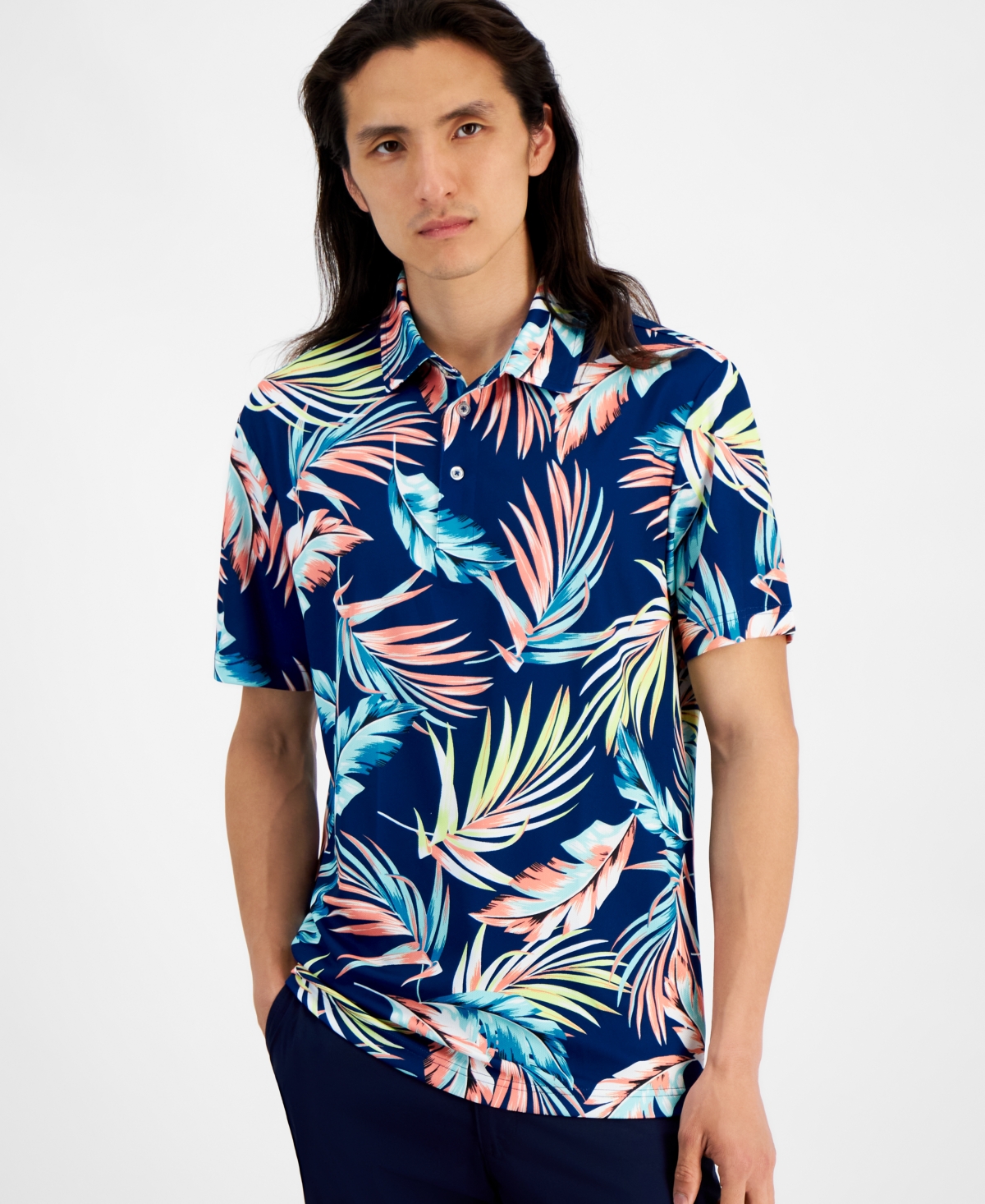 Men's Summer Leaf Regular-Fit Tropical-Print Performance Tech Polo Shirt, Created for Macy's - Navy Crush