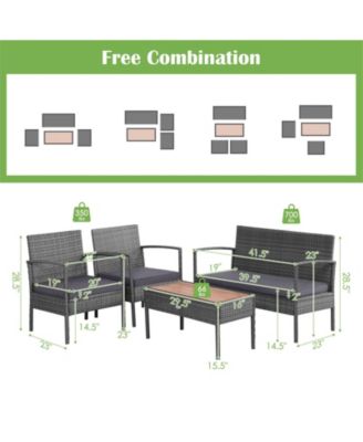 4 Pieces Rattan Patio Conversation Furniture Set with Acacia Wood Tabletop