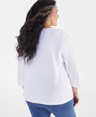 Plus Size Cotton V-Neck 3/4-Sleeve Top, Exclusively at Macy's 