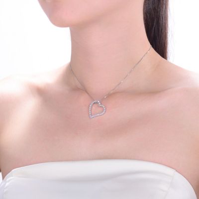 Sterling Silver with Round Cubic Zirconia Thick Open Heart Frame Necklace