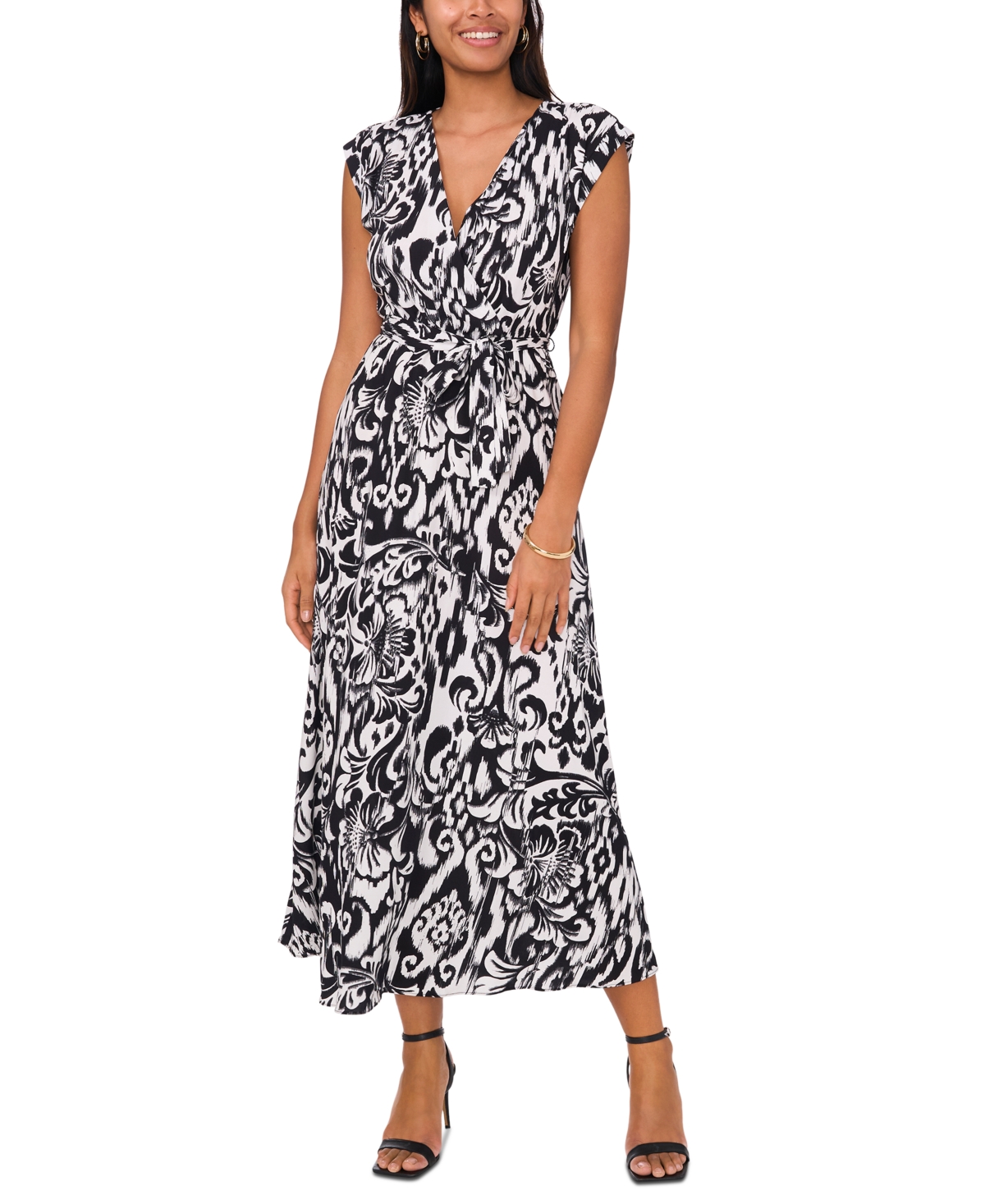 Sam & Jess Women's Printed V-neck Belted Maxi Dress In Black  White