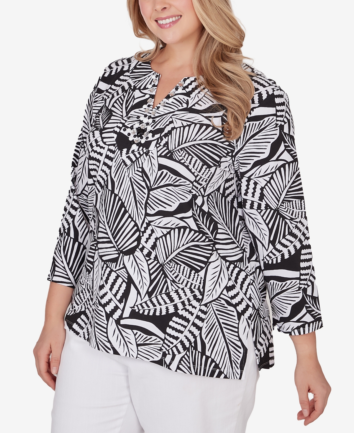 Shop Ruby Rd. Plus Size Tropical Leaf Print Top In Black,white