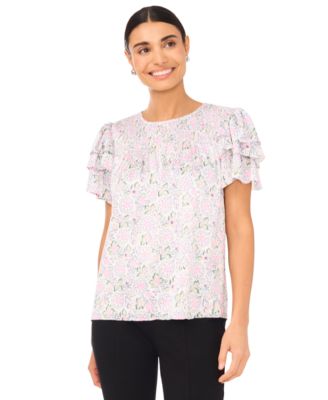 CeCe - Women's Floral Smocked-Yoke Flutter-Sleeve Top