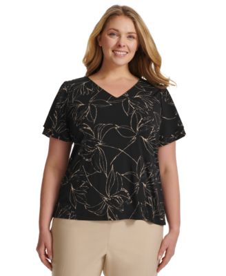 Calvin Klein - Plus Size Printed Flutter-Sleeve Blouse