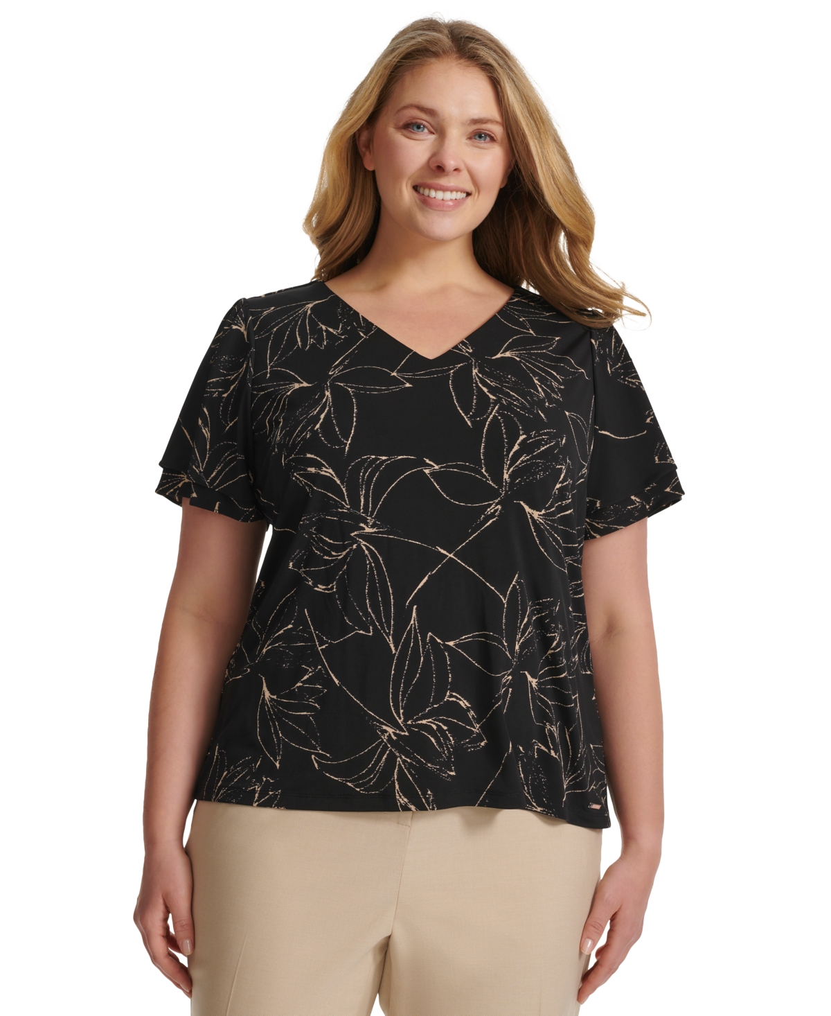 Shop Calvin Klein Plus Size Printed Flutter-sleeve Blouse In Black Latte