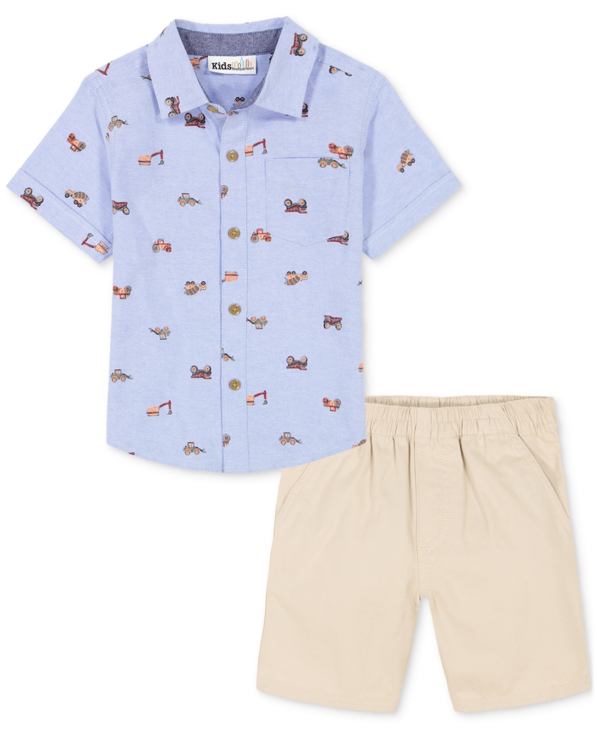 Shop Kids Headquarters Baby Boys Cotton Short-sleeve Printed Oxford Shirt & Twill Shorts, 2 Piece Set In Assorted