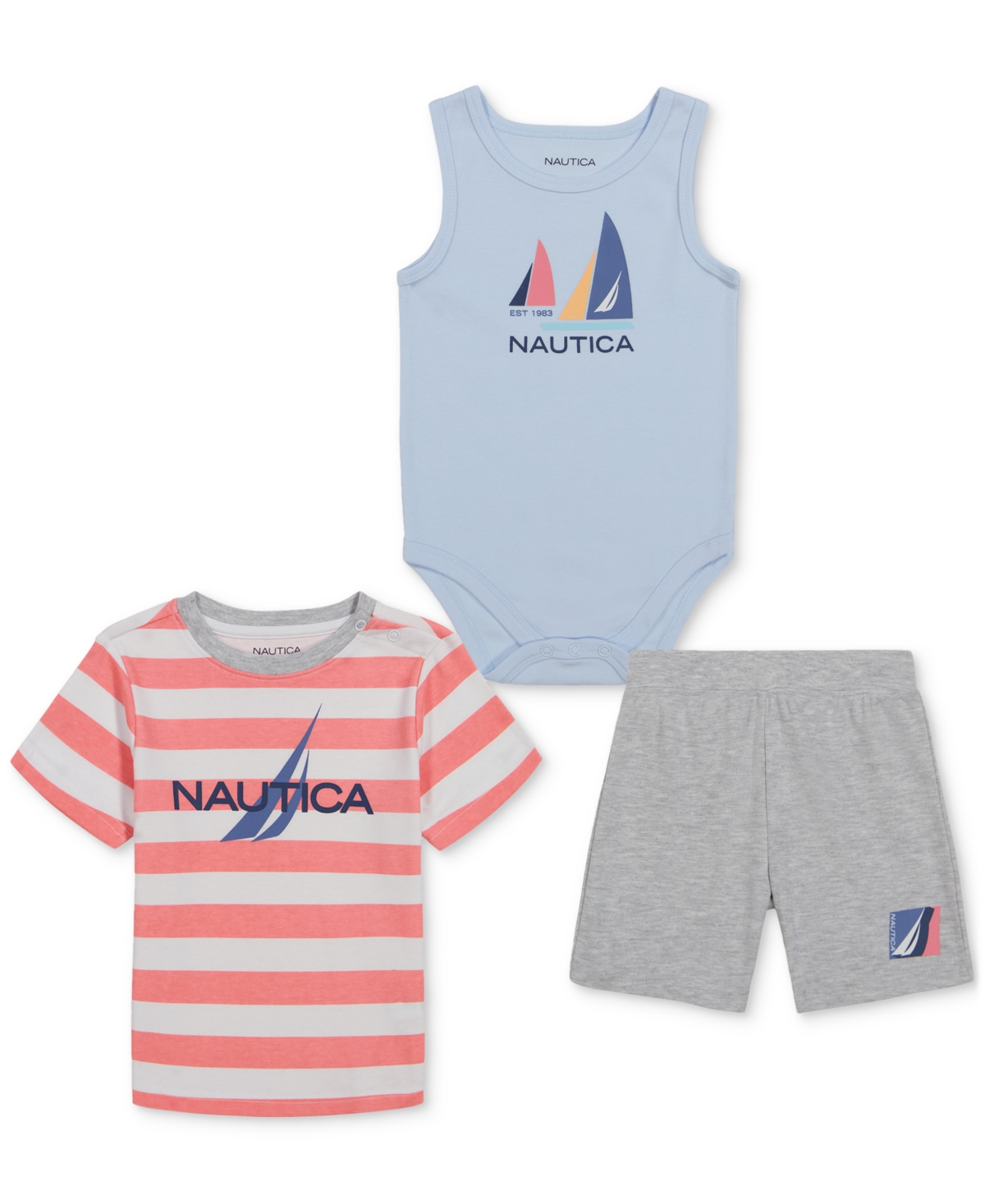 Shop Nautica Baby Boys Sailing Tank Bodysuit, Short-sleeve Striped T-shirt & Shorts, 3 Piece Set In Red
