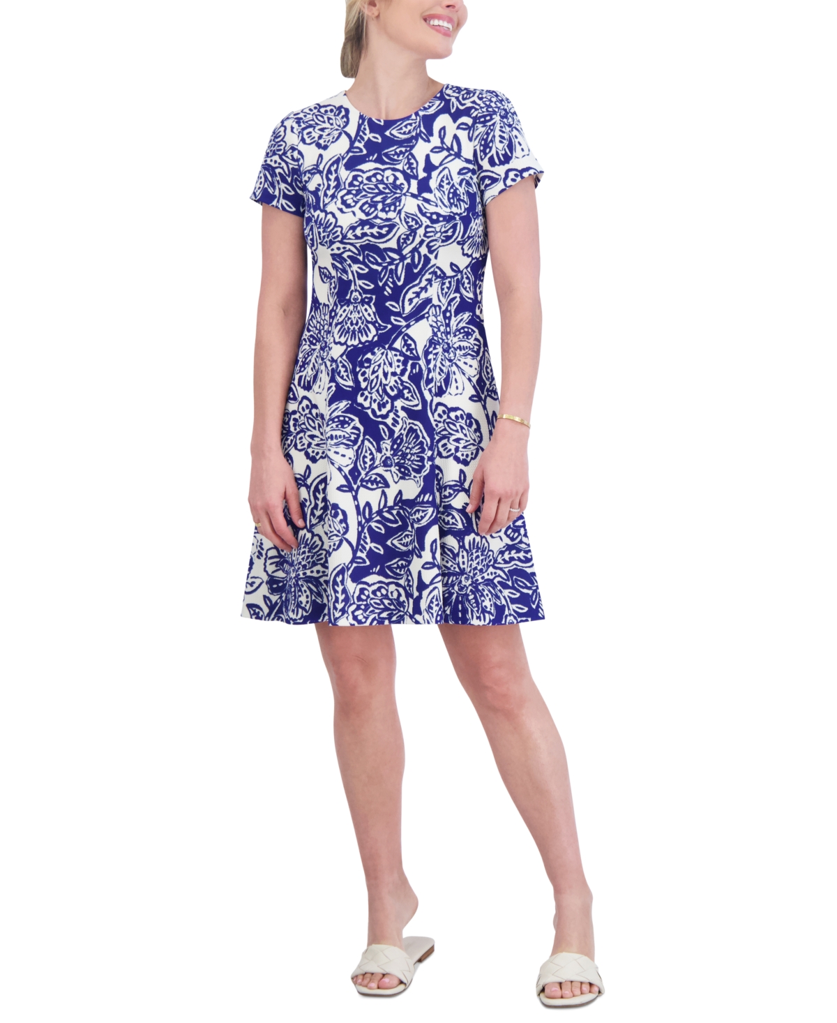 Women's Floral-Print Fit & Flare Dress - Cobalt