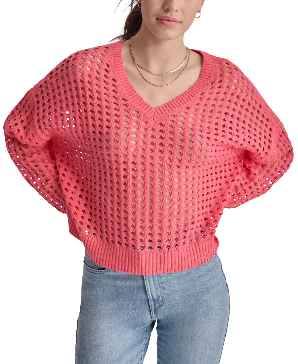 Dkny Jeans Women's V-neck Open-stitch Cotton Sweater In Beach Coral