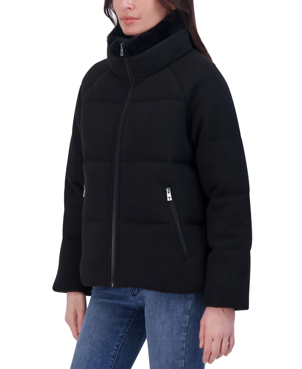Tahari Women's Knit Faux-Fur-Collar Puffer Coat