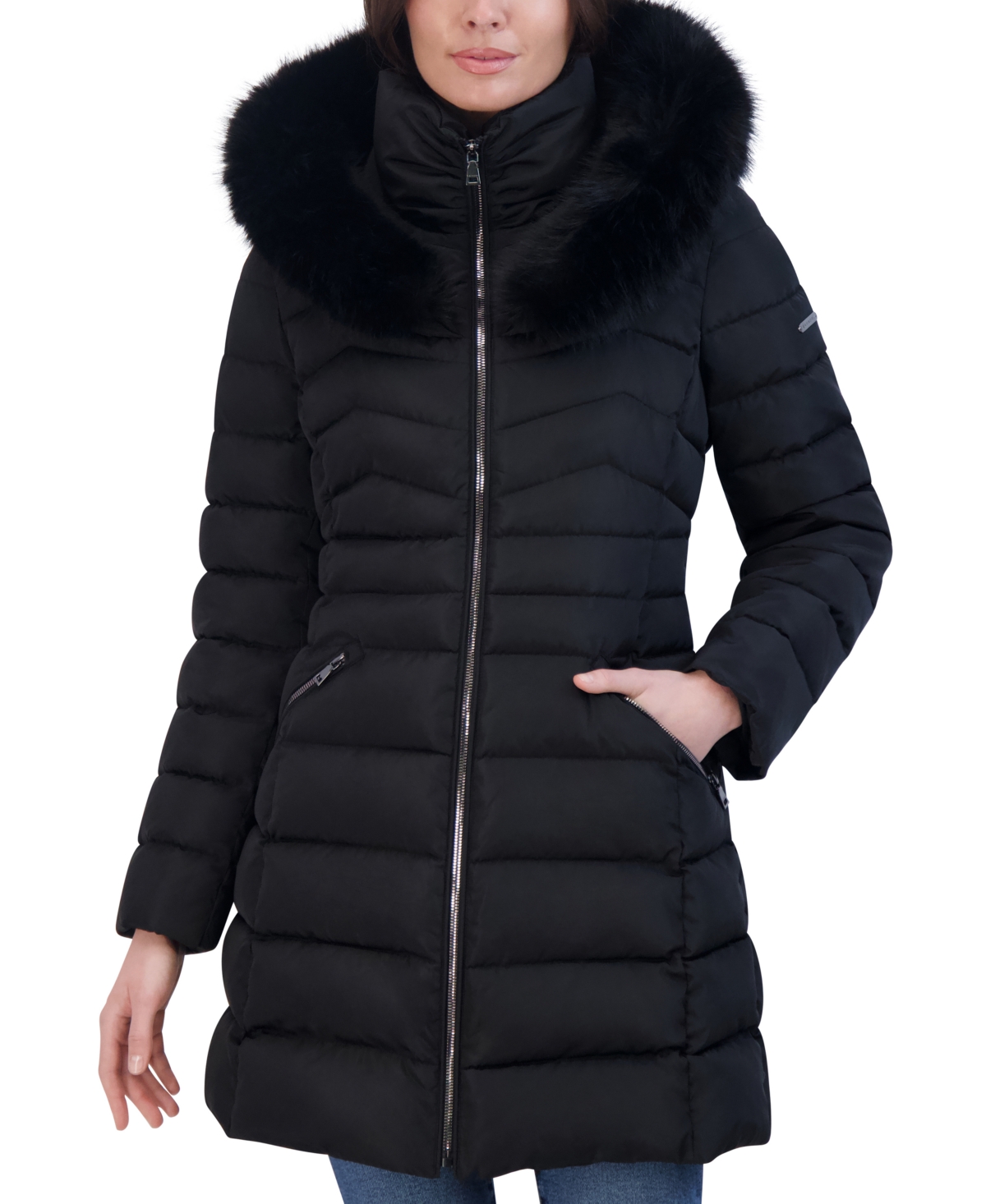 Laundry By Shelli Segal Women s Faux Fur Trim Hooded Puffer Coat Toffee Smart Closet
