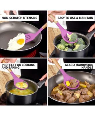 5 Piece Silicone Utensils Set with Authentic Acacia Wood Handles