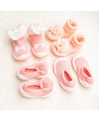 Infant Girl Breathable Washable Non-Slip Sock Shoes Flat - Pompom Flower Pink