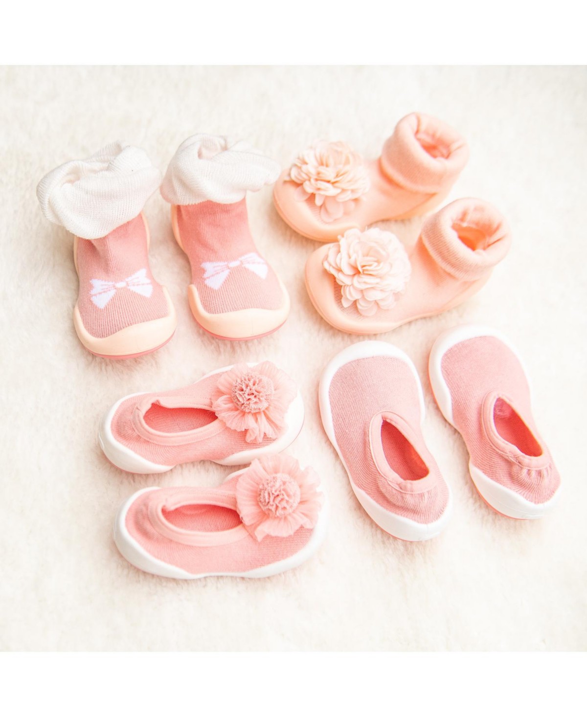 Детские Komuello Infant Girl Breathable Washable Non-Slip Sock Shoes Flat - Pompom Flower Pink — фото 10