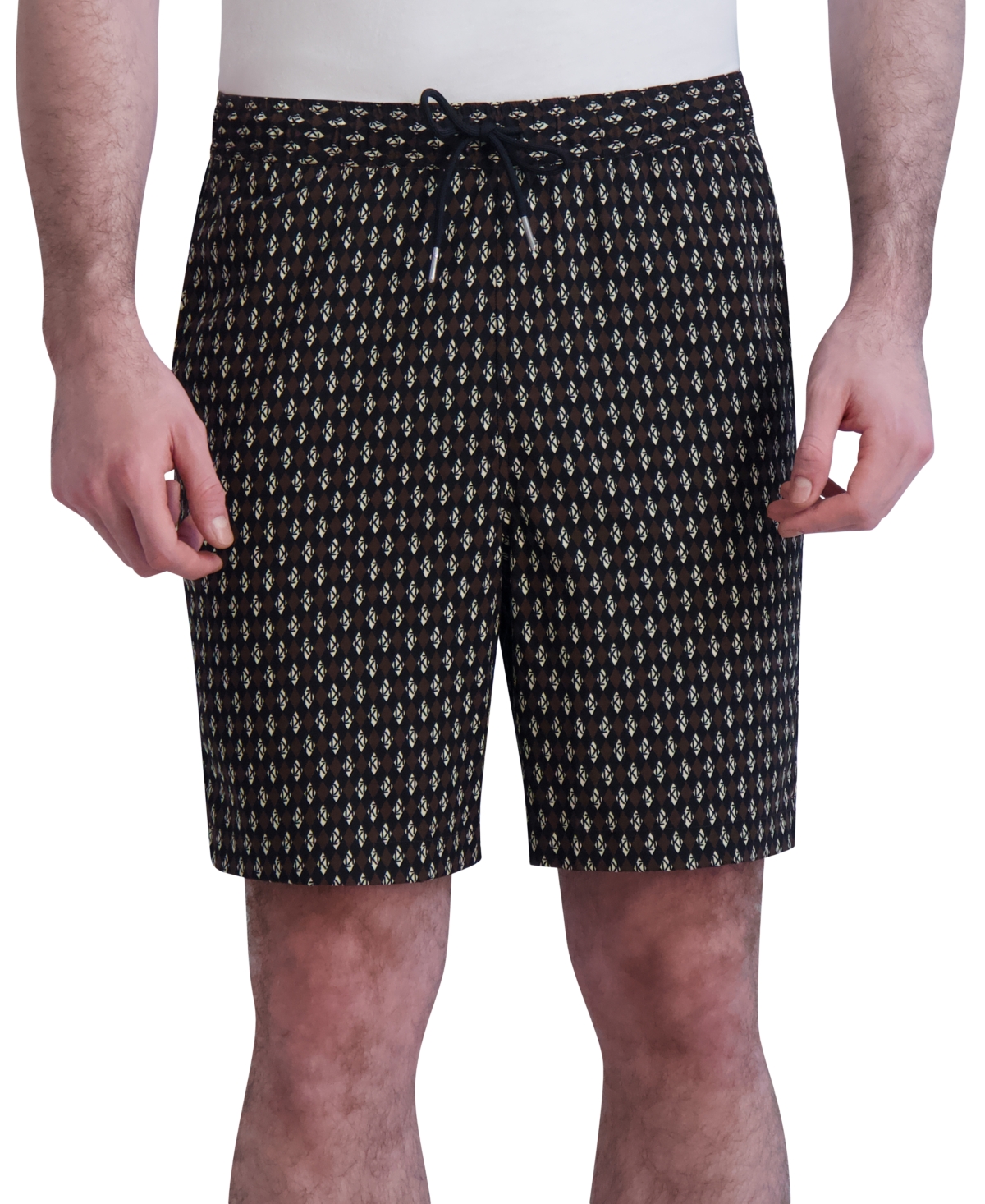 Men's Slim-Fit Diamond-Grid Logo-Print 7-1/2" Drawstring Shorts, Created for Macy's - Brown