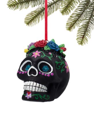 Holiday Lane - Day of the Dead Glass Floral-Trimmed Black Skull Ornament