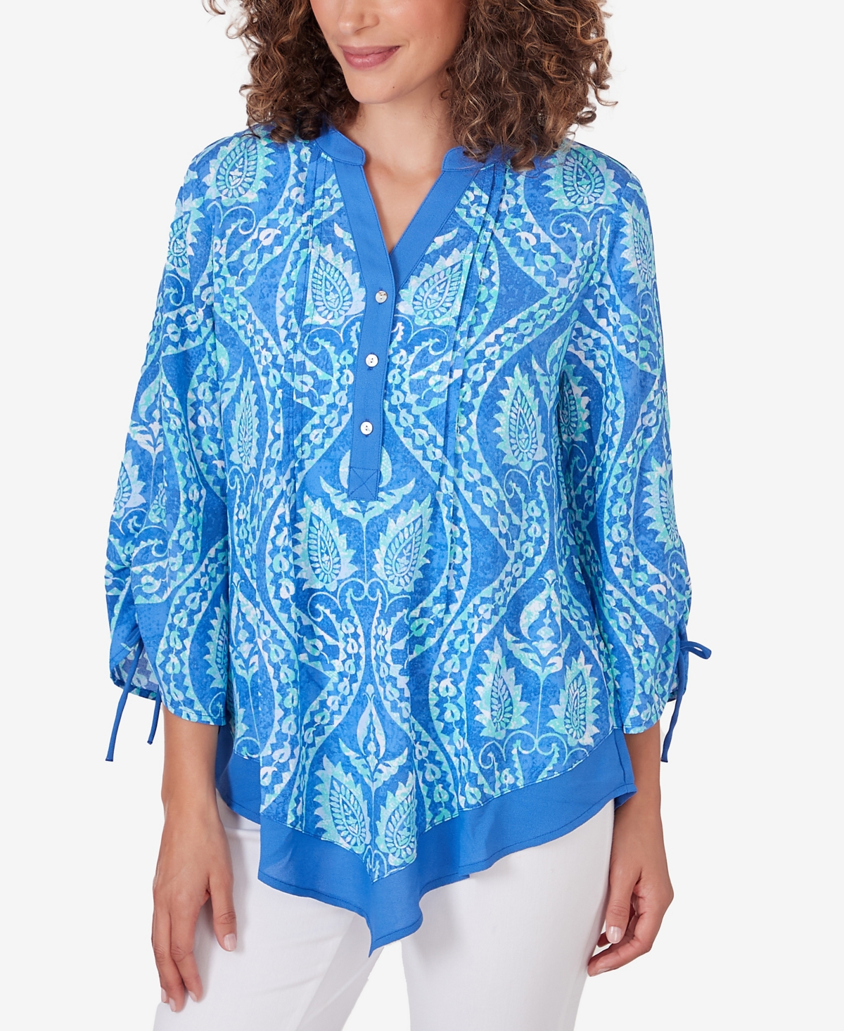 Shop Ruby Rd. Petite Polynesian Bali Pull Over Pointed Hem Top In Blue Moon