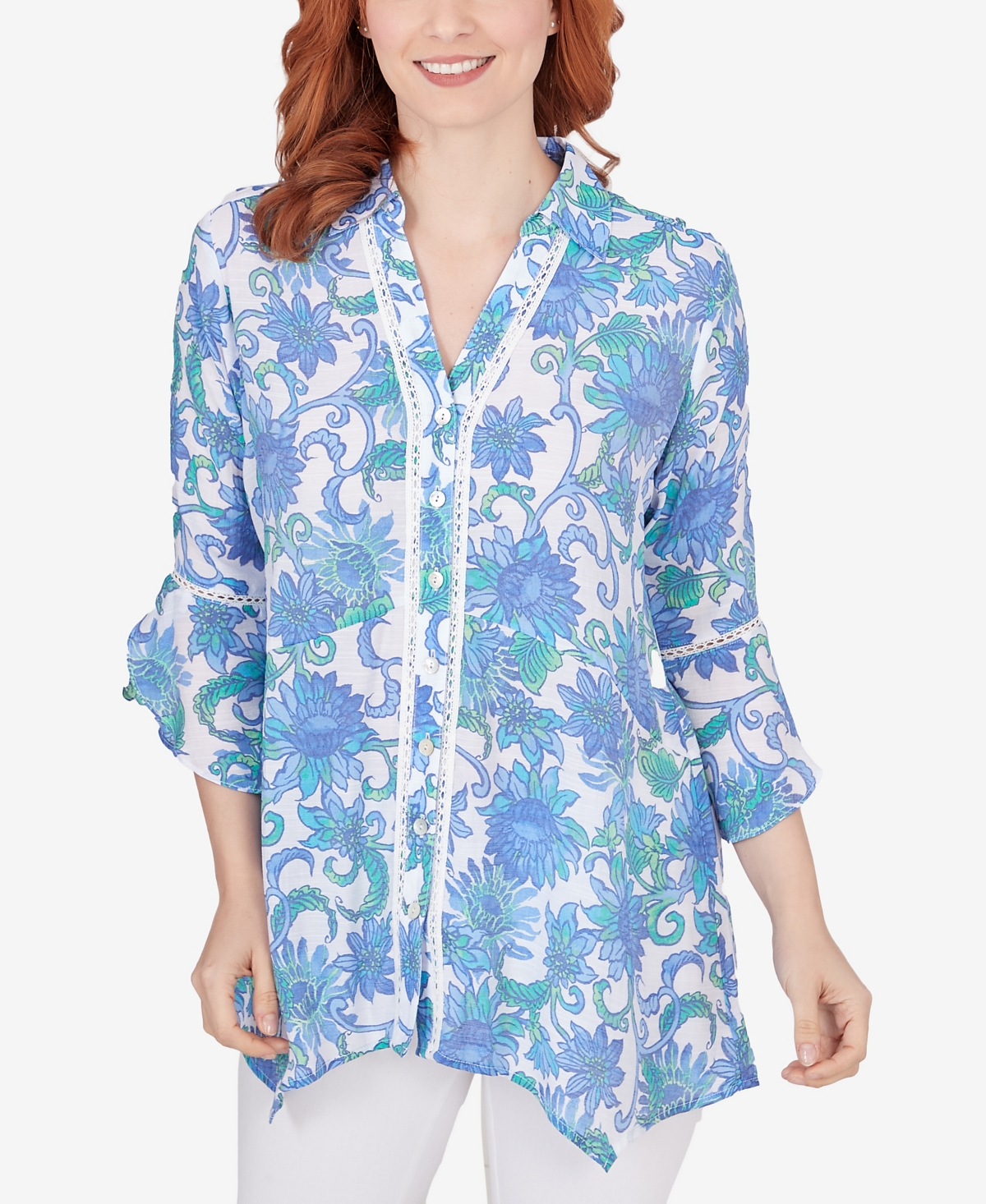 Shop Ruby Rd. Petite Bali Floral Button Front Top In Blue Moon Multi