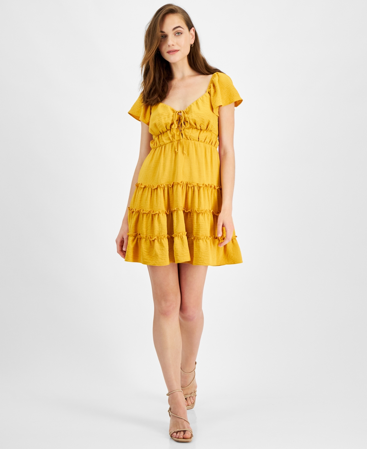 City Studios Juniors' Flutter-sleeve Tiered Mini Dress In Yellow