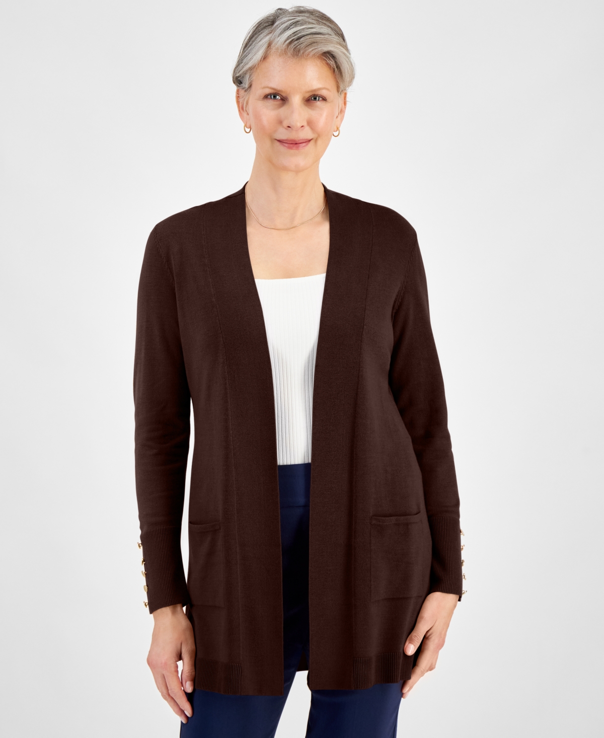 JM COLLECTION PETITE OPEN-FRONT BUTTON-CUFF CARDIGAN, CREATED FOR MACY'S 